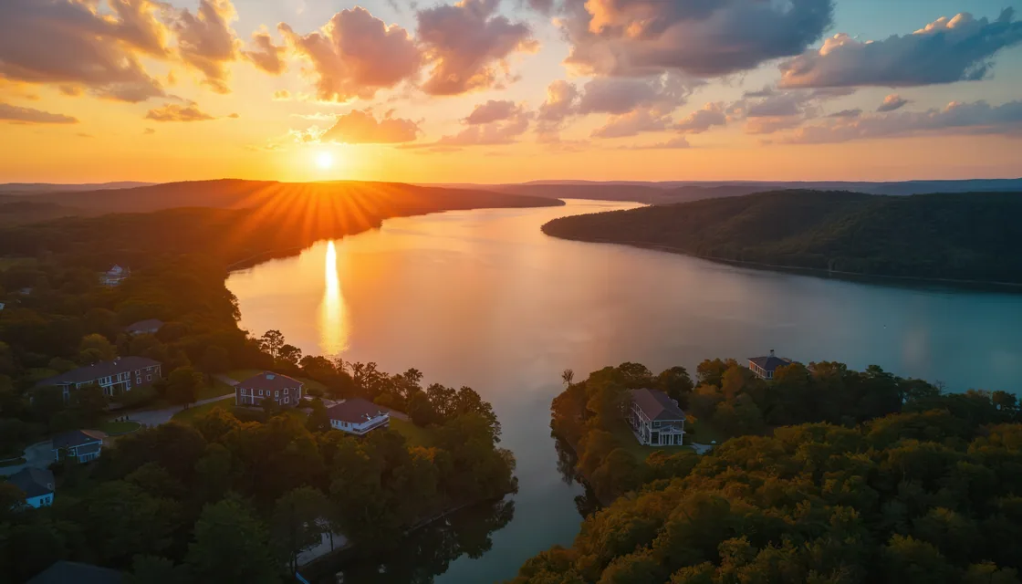 Sunset over Lake Conroe with wooded shores and waterfront homes